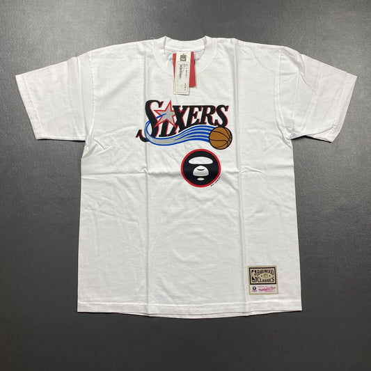 100% Authentic Aape x Mitchell Ness Sixers 76ers T Shirt Size L iverson bape