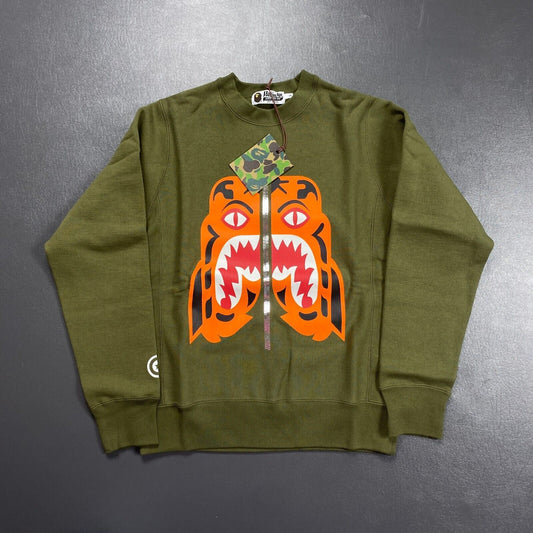 100% Authentic Bape Tiger Heavy Weight Olive Crewneck A Bathing Ape Size S Mens
