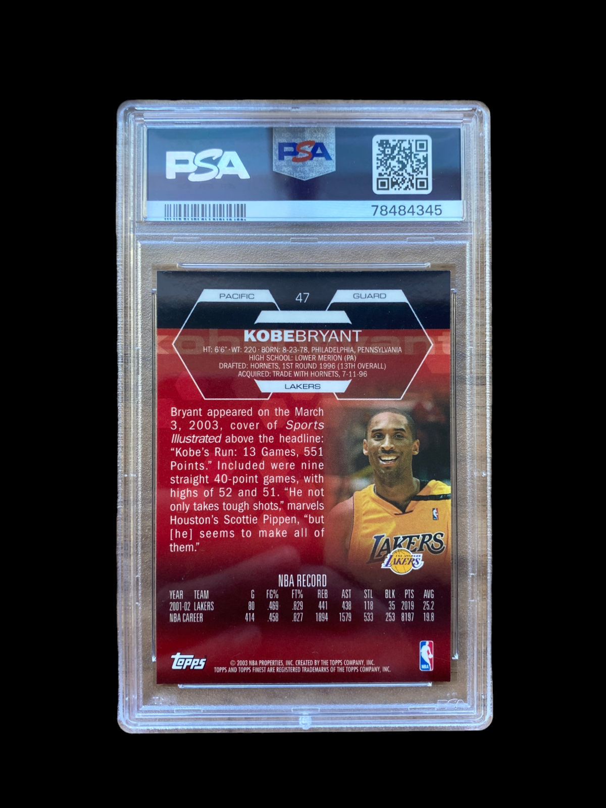 100% Authentic Kobe Bryant 2002 Topps Finest #47 PSA 10 Gem Lakers Card