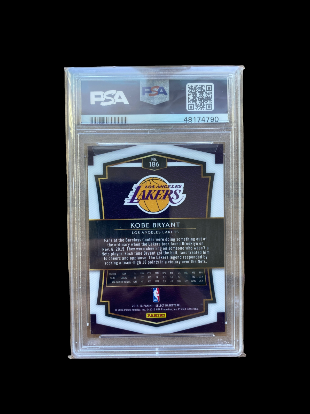 100 Authentic Kobe Bryant 2015 Panini Select 186 PSA 9 Mint Lakers Card