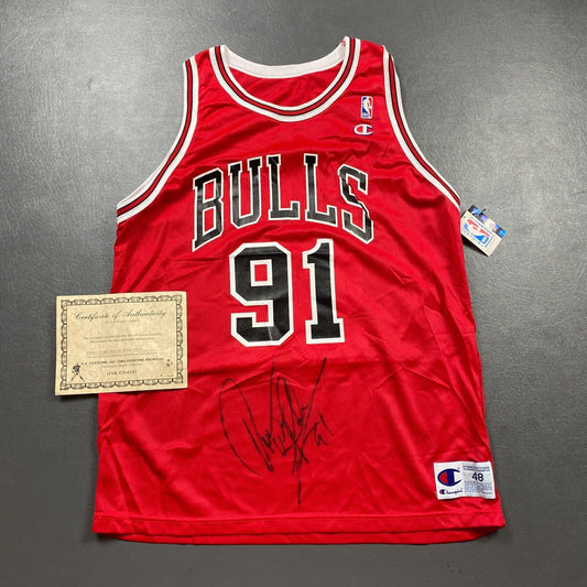 100% Authentic Dennis Rodman Vintage Champion Bulls Signed Jersey COA Size 48