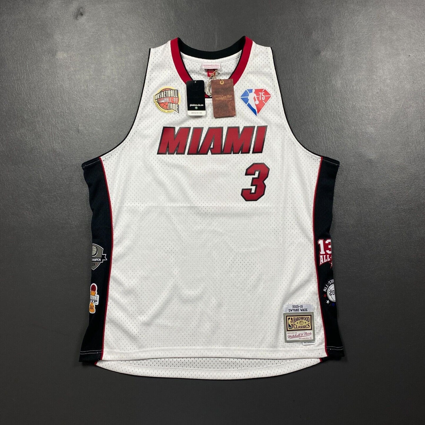 100% Authentic Dwyane Wade Mitchell & Ness Hall of Fame Miami Heat Jersey 2XL 52