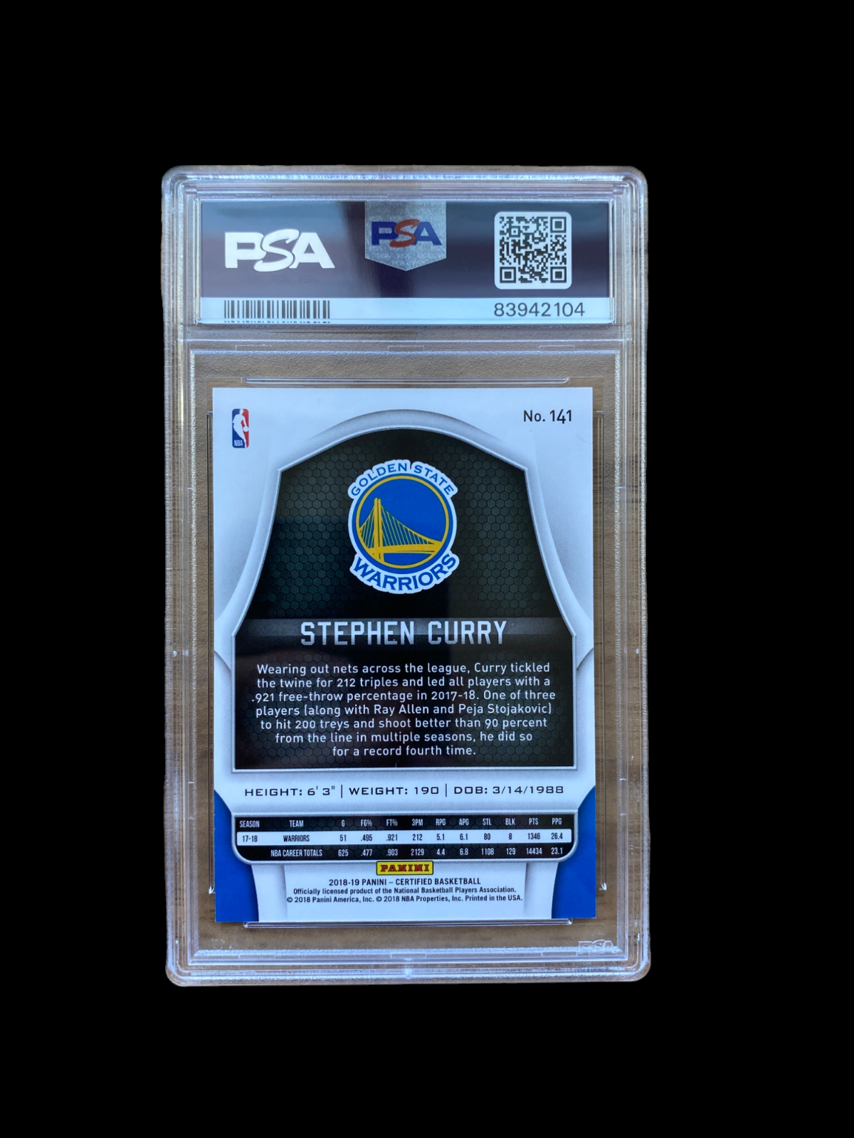 100% Authentic Stephen Curry 2018 Panini Certified Mirror Orange #141 PSA 9 Mint